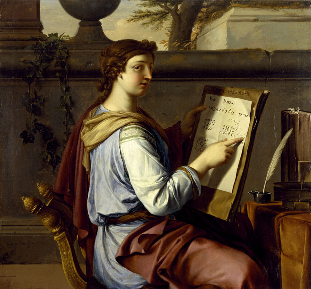 Allegory of Arithmetic by Laurent de la Hyre.  Arithmetic holds a book with the name of Pythagoras on the cover. Over the book, Arithmetic has a worksheet with various arithmetic operations.