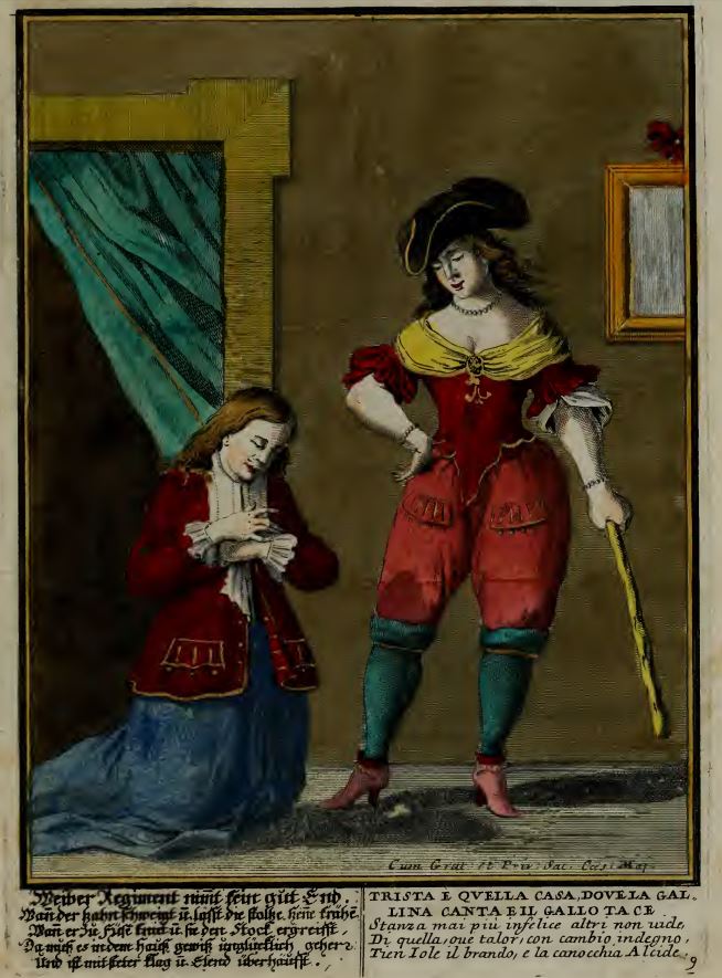 Plate 9 from Mitelli's Proverbi Figurati that shows the role of genders reversed