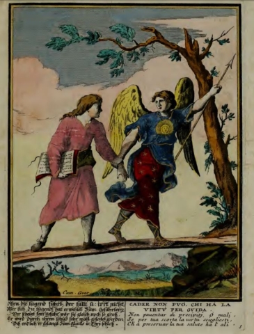 Virtue armed with a Lance Leading a Young Man, from Proverbi Figurati (Illustrated Proverbs), plate 5